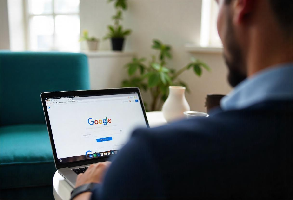 Advogado concentrado em laptop com tela do Google, simbolizando o desafio de como fazer SEO para advogados e buscar visibilidade online para o escritório na Iwaasa Business Intelligence.