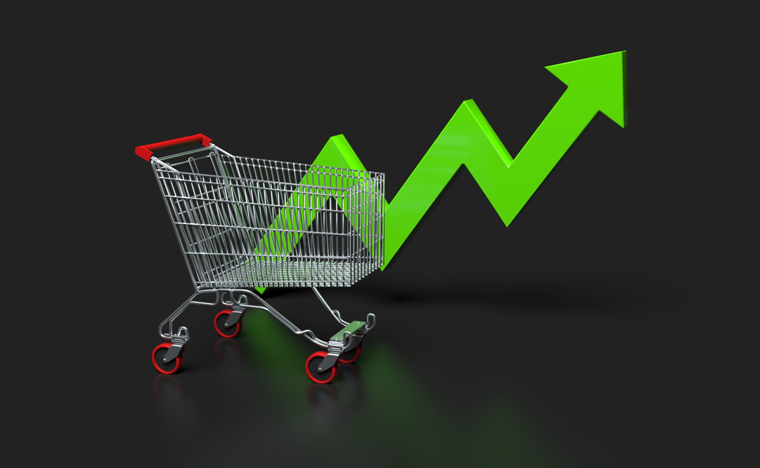Carrinho de compras com uma seta verde de gráfico subindo, representando o aumento de vendas online e o sucesso do e-commerce com estratégias de SEO.