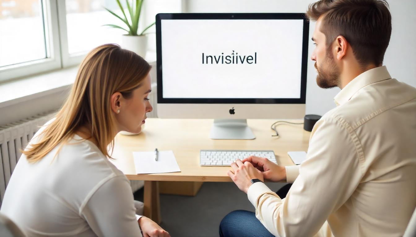Duas pessoas olhando para uma tela de computador com a palavra 'Invisível', representando a frustração quando o site não aparece no Google, um problema que a Hugo Business Intelligence ajuda a resolver.